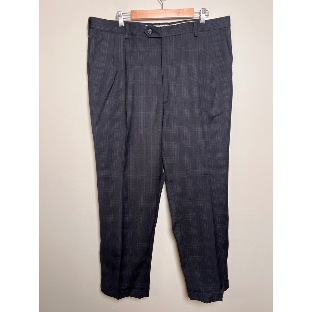 Alan Flusser Mens Wool Dress Pants 40x30 100% Wool Pleated Gray Plaid Cuffed NWT